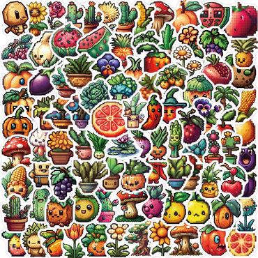 10/30/50/100PCS Cute Pixel Cartoon Stickers Funny Fruit Vegetable Graffiti Decals Notebook Fridge Phone Suitcase Toys Decoration (ONLINE ORDER ONLY)
