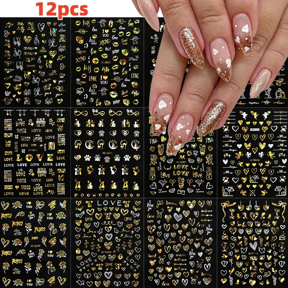 12 Sheets Valentines Nail Stickers Red Heart Nail Art Sticker Decal Solid Hollow Heart 3D Self-Adhesive Design Nail Art Supplies (ONLINE ORDER ONLY)