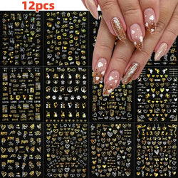 12Pcs 3D Golden Red Glitter Heart Love Nail Sticker Valentine Self Adhesive Cartoon Decal Geometry Lines Stripe Slider Manicure* (ONLINE ORDER ONLY)