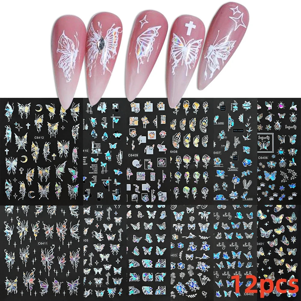 12PCS White Flowers Leaves 3D Nail Stickers Star/Moon/Sun Nail Art Decoration Decals Geometric Flower Stickers Nail Art Supplies (ONLINE ORDER ONLY)