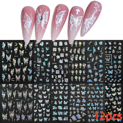 12PCS White Flowers Leaves 3D Nail Stickers Star/Moon/Sun Nail Art Decoration Decals Geometric Flower Stickers Nail Art Supplies (ONLINE ORDER ONLY)