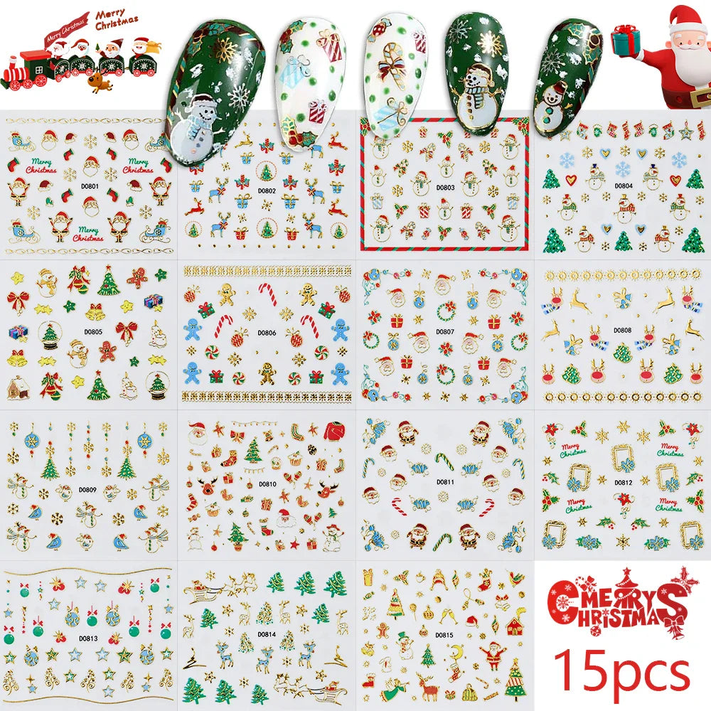 30Sheet 3D Glitter Christmas Nail Art Stickers Santa Claus Snowflake Elk Christmas Tree Design Nail Decals Cartoon Nail Supplies (Online Order Only)