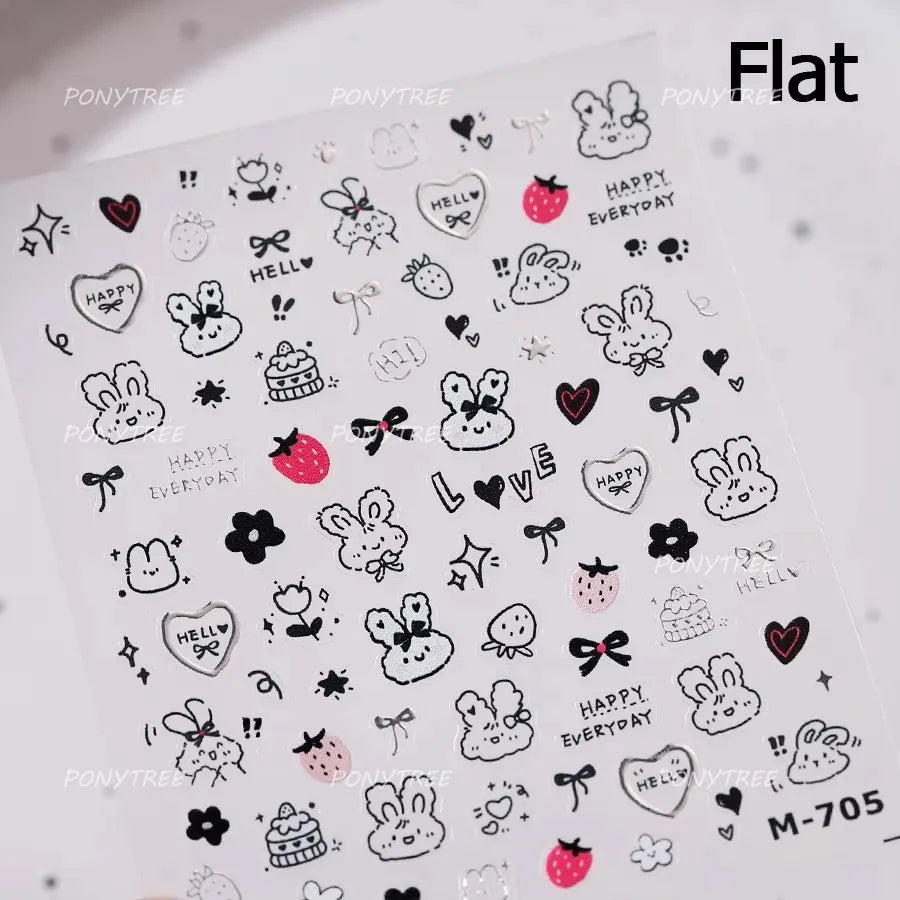 Cute Rabbit Fan Peach Blossom Teacup Lollipop Strawberry Star Cherry Hat Soft Embossed Adhesive Nail Art Stickers Manicure Decal (ONLINE ORDER ONLY)