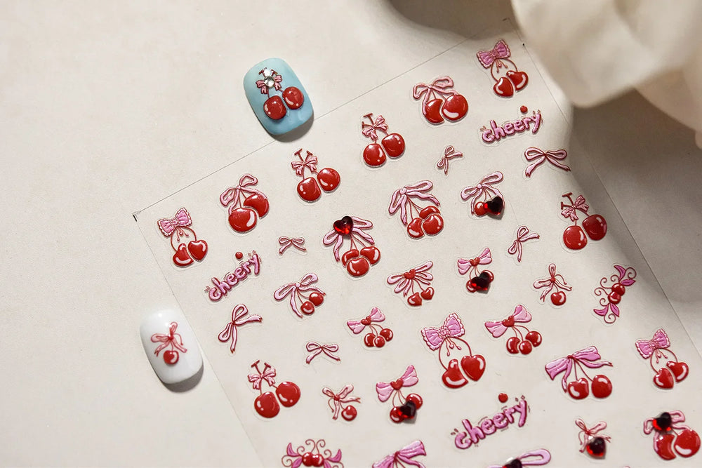 Lovely Red Heart Crystal Cherry Fruit Bowknot Letter Gold Pink Self Adhesive Nail Art Sticker Delicate Rhinestone Manicure Decal (ONLINE ORDER ONLY)