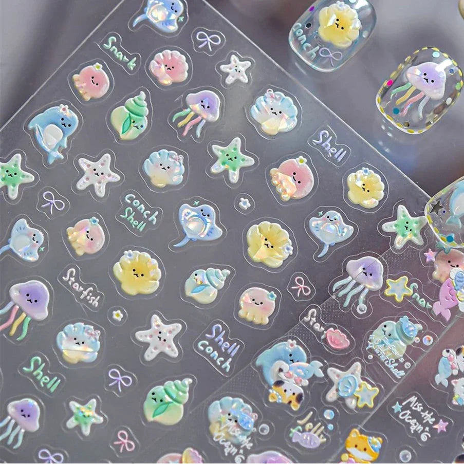Ray Fish Shell  Conch Water Bubbles Octopus Starfish Mermaid Jellyfish Otter Dolphin Nail Art Decorations Sticker Manicure Decal (ONLINE ORDER ONLY)