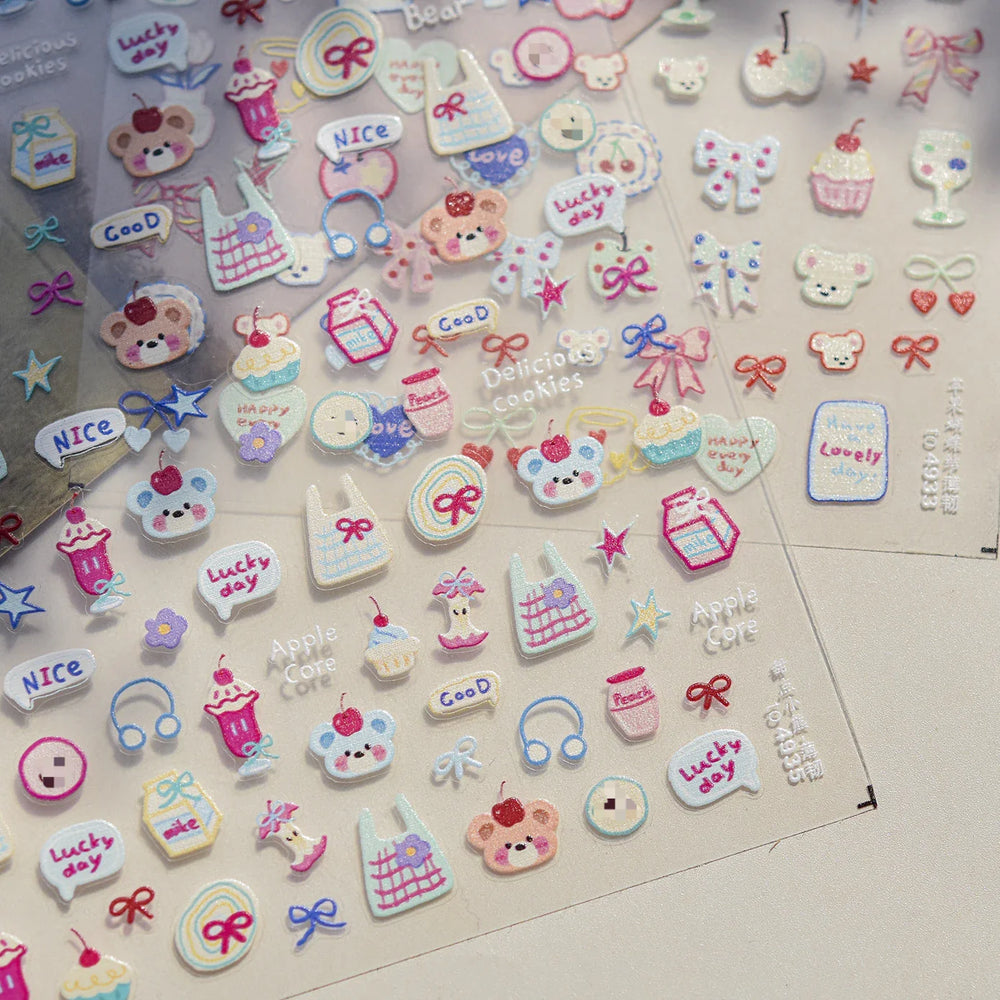 Bear Bowknot Bag Dessert Apple Core Earphone Cup Tulip Cherry Milk Cake Cookies Flower Adhesive Nail Art Stickers Manicure Decal (ONLINE ORDER ONLY)