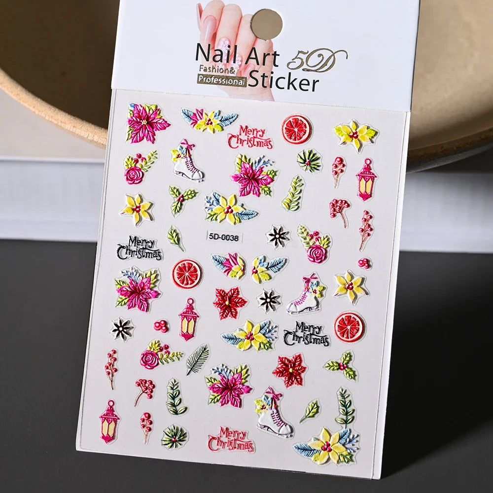Cute Deer Christmas Nail Stickers 5D Embossed Elk Star Gingerbread Man Snowflake Santa Claus Holly DIY Winter Engraved Manicure* (ONLINE ORDER ONLY)