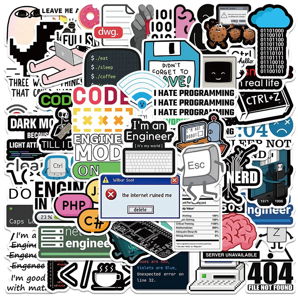 50pcs Funny Cartoon Software Engineer Stickers IT Programming Decals For Laptop Water Bottle Phone Geek Waterproof Graffiti (ONLINE ORDER ONLY)