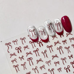 Chic Red Bowknot Silk Ribbon Pearl Elegant Line Self Adhesive Nail Art Stickers Dressy Rhinestone Manicure Decals Nail Supplies (Online Order Only)