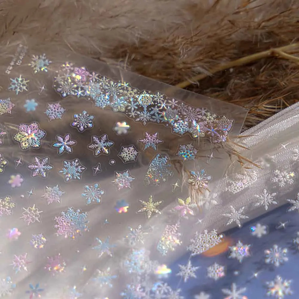 Winter Dreamy Hot Stamping Romantic White Pink Snowflakes Hexagon 3D Self Adhesive Nail Art Stickers Christmas Manicure Decals (ONLINE ORDER ONLY)