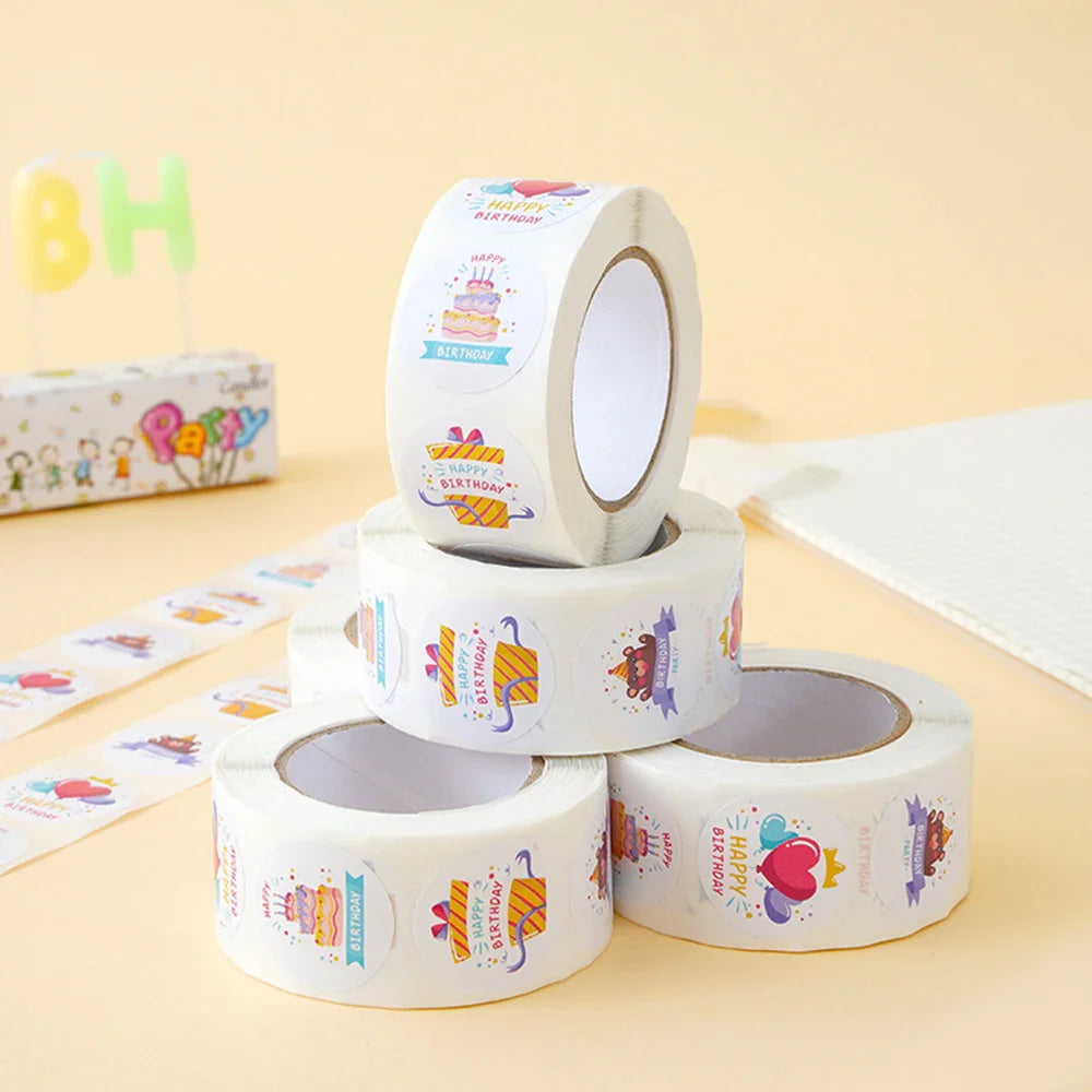 100-500pcs Happy Birthday Cake Party Sticker Creative Cartoon Decorative Holiday Gift Sticker Envelope Sealing Sticker (ONLINE ORDER ONLY)