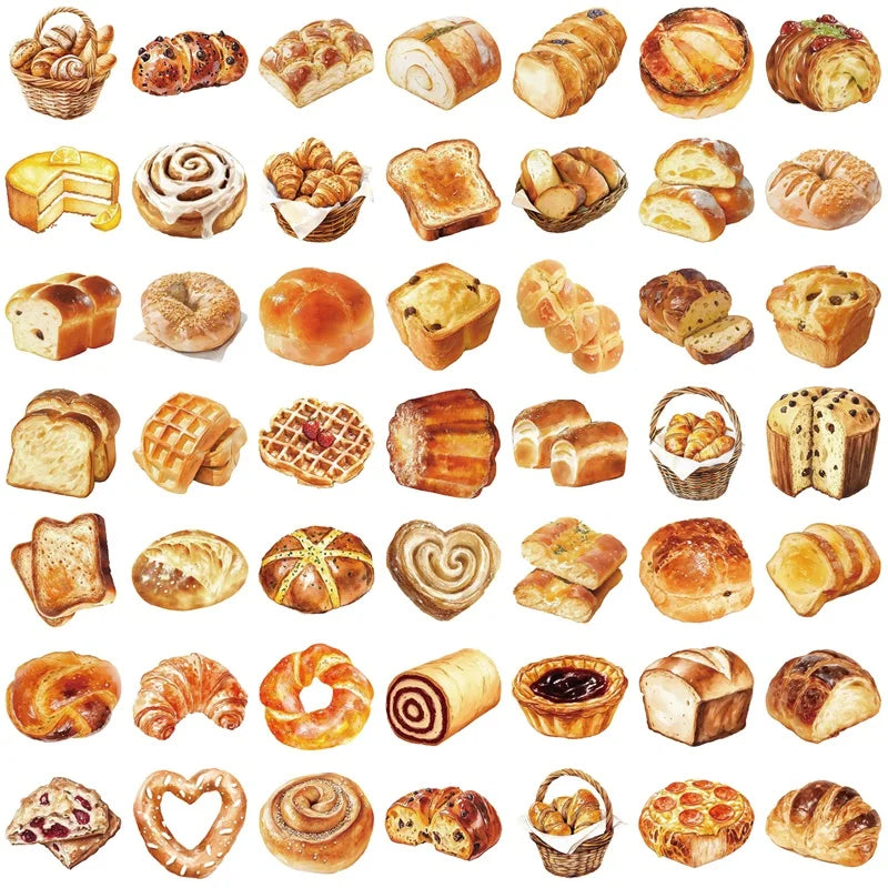 50PCS Kawaii Bread PET Sticky Sticker Aesthetic Korean Stationery DIY Decoration Scrapbooking School Supplies for Kids (Online Order Only)