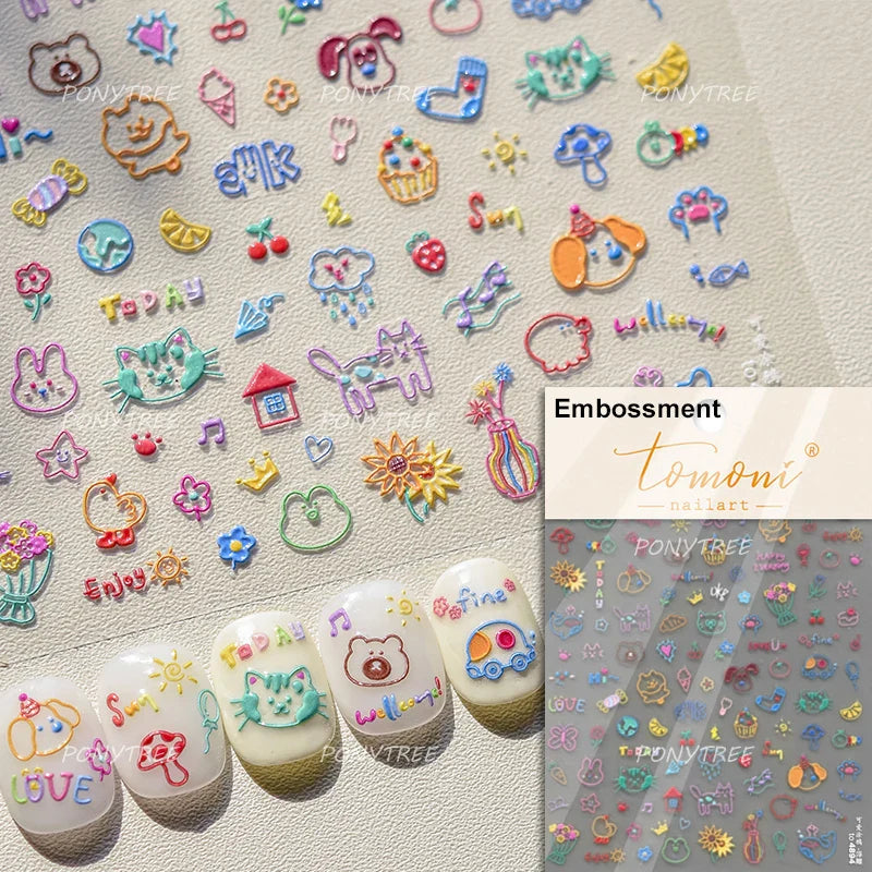 Cute Animals Bear Dog Cake Sweet Cherry Grid Bowknot Star Line Fruit Relief Self Adhesive Nail Art Stickers 3D Manicure Decals (ONLINE ORDER ONLY)