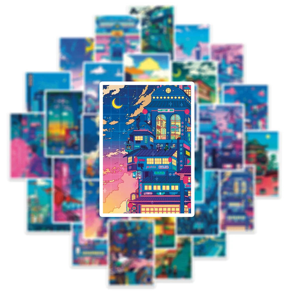 10/30/50pcs Anime View Street Night Painting Prints Cartoon Stickers Cute Aesthetic Decals Skateboard Laptop Phone Cool Sticker (Online Order Only)