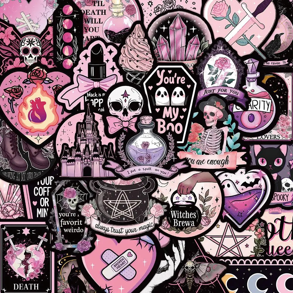 10/50pcs Dark Pink Halloween Gothic Skull Stickers Tarot Goth Decals Toy Skateboard Motorcycle Cool Horror Decoration Sticker (ONLINE ORDER ONLY)