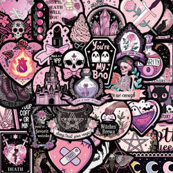 10/50pcs Dark Pink Halloween Gothic Skull Stickers Tarot Goth Decals Toy Skateboard Motorcycle Cool Horror Decoration Sticker (ONLINE ORDER ONLY)