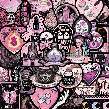 10/50pcs Dark Pink Halloween Gothic Skull Stickers Tarot Goth Decals Toy Skateboard Motorcycle Cool Horror Decoration Sticker (ONLINE ORDER ONLY)
