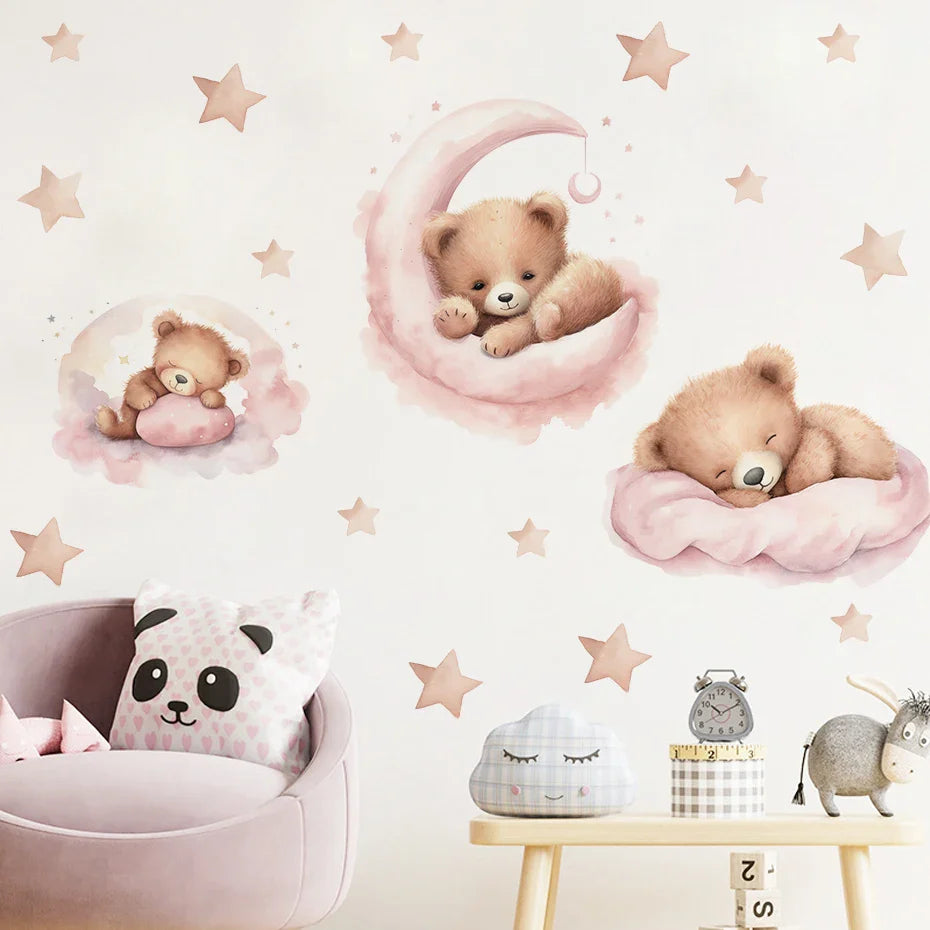 Pink Teddy Bear Moon Wall Stickers for Kids Nursery Decor (ONLINE ORDER ONLY)