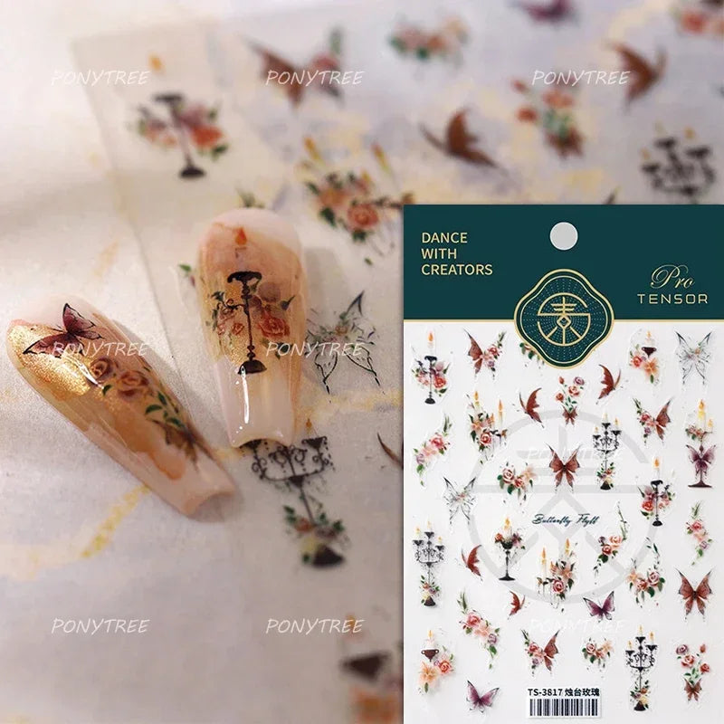 Retro Candlestick Holder Rose Rambler Birdcage Photo Frame Lace Self Adhesive Nail Art Sticker Charm Rhinestone Manicure Decal (Online Order Only)