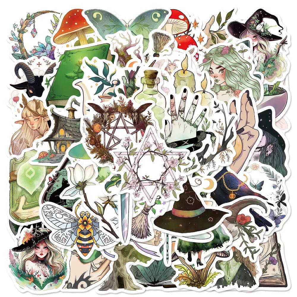 Green Forest Witch Stickers 10/30/50PCS for Phone Laptop Luggage Skateboard Kids (ONLINE ORDER ONLY)