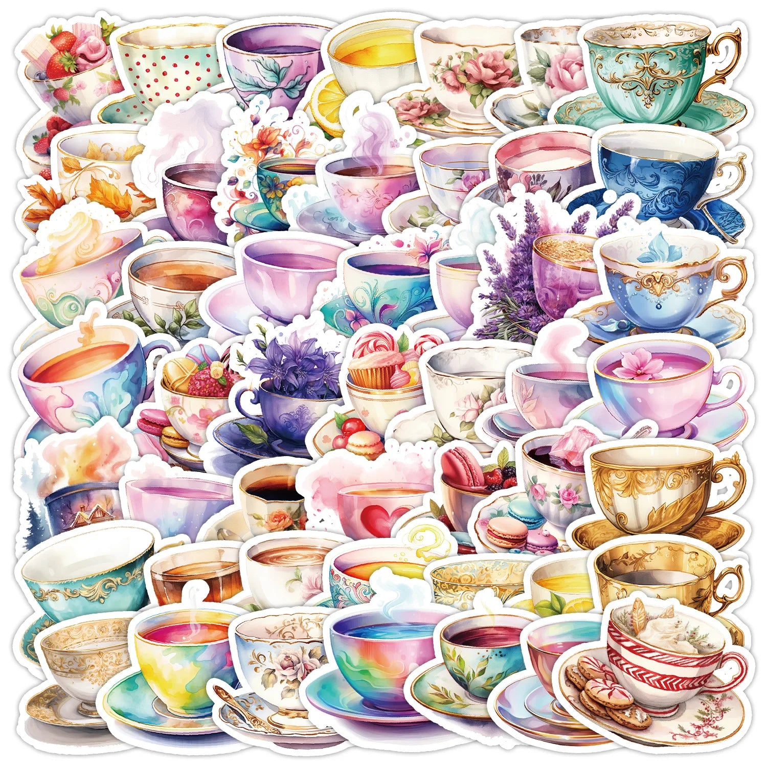 50pcs Cute Watercolor Teacup Stickers for Helmet, Wall, DIY Decoration (Online Order Only)