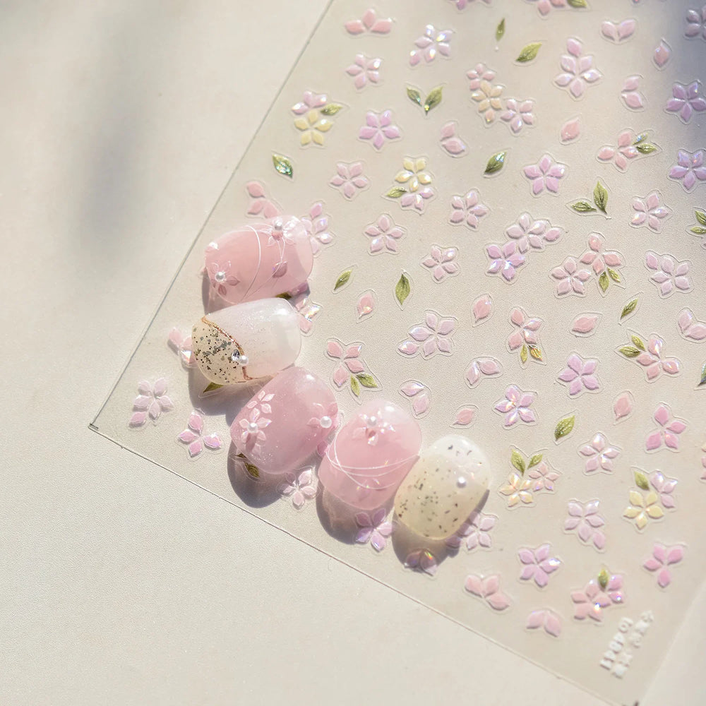 Pink Cherry Blossoms Peach Flower Petal Green Leaf Greenery 5D Embossed Relief Self Adhesive Nail Art Sticker 3D Manicure Decals (ONLINE ORDER ONLY)