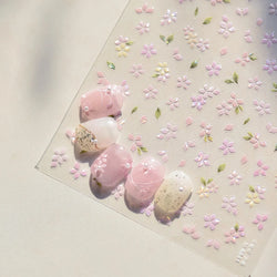 Pink Cherry Blossoms Peach Flower Petal Green Leaf Greenery 5D Embossed Relief Self Adhesive Nail Art Sticker 3D Manicure Decals (ONLINE ORDER ONLY)