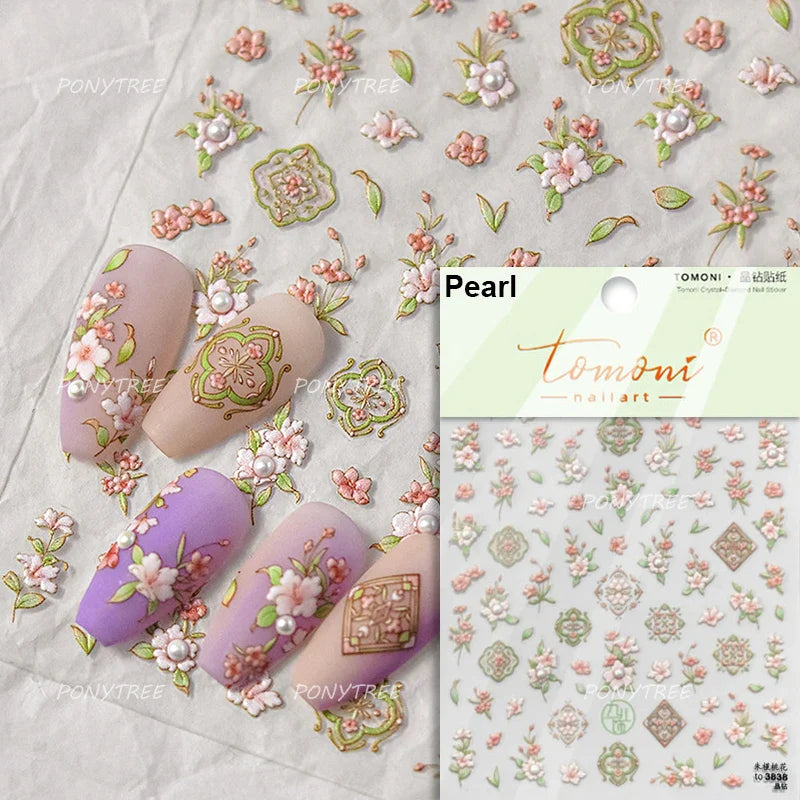 Romantic Pink Peach Blossom Tower Circular Fan Hollowed Window Tassel Pendant Antique Tree Chic Nail Art Stickers Manicure Decal (ONLINE ORDER ONLY)
