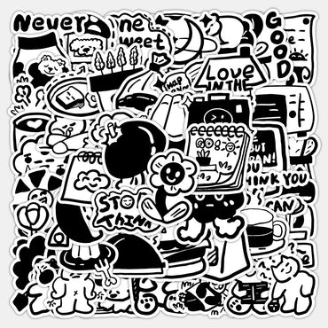 Black White Cartoon Stickers 10/30/60pcs Cute Decals DIY Scrapbook Phone Laptop Fridge Graffiti (Online Order Only)