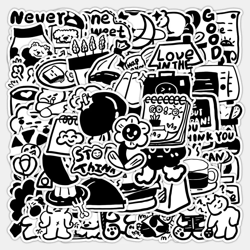 Black White Cartoon Stickers 10/30/60pcs Cute Decals DIY Scrapbook Phone Laptop Fridge Graffiti (Online Order Only)