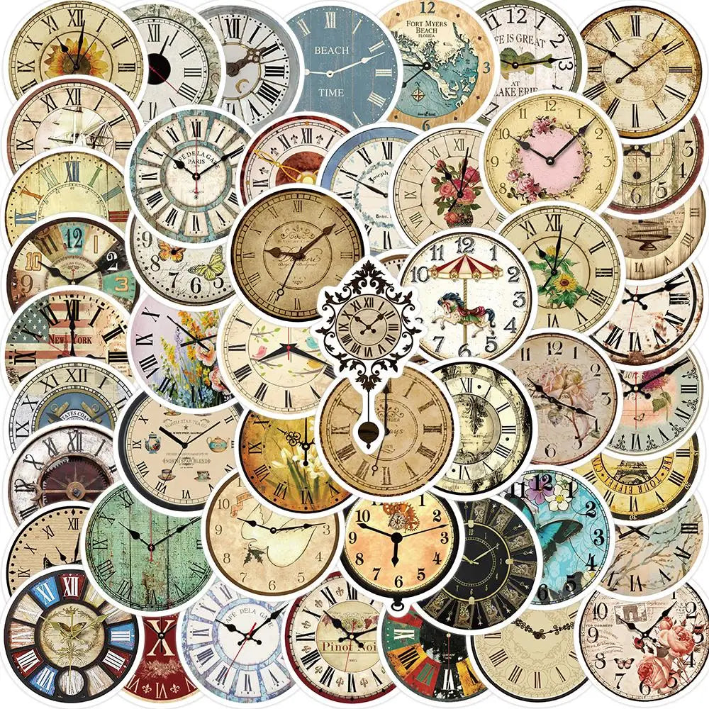 10/25/50pcs Retro clock Stickers Decals Cartoon Graffiti DIY  Notebook Luggage Wall Decoration PVC Sticker (ONLINE ORDER ONLY)