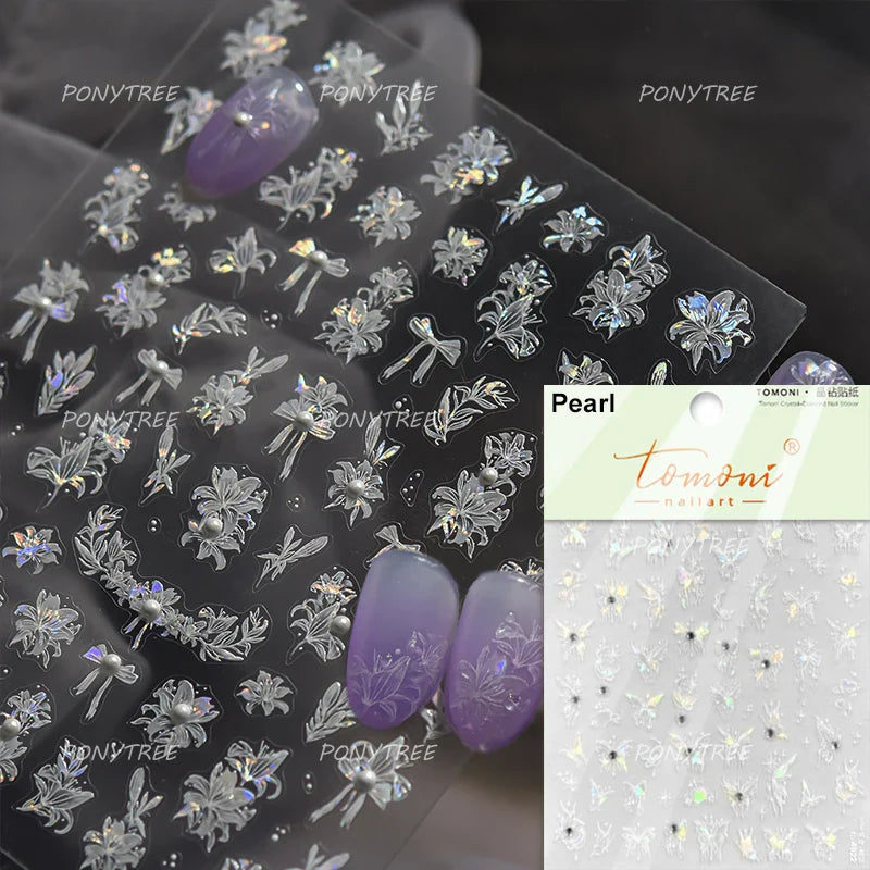 French Chic Blue Line Bowknot Fan Flower Leaves Butterfly Lace Frame Bell Shiny Self Adhesive Nail Art Stickers Manicure Decals (ONLINE ORDER ONLY)