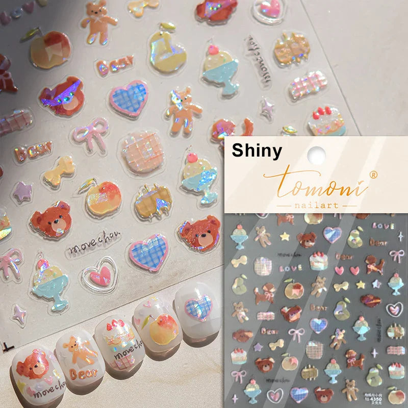Chic Cute Cheese Ice Cream Pudding Bowknot Strawberry Muffin Stars Cake Embossed Heart Adhesive Nail Art Sticker Manicure Decals (ONLINE ORDER ONLY)