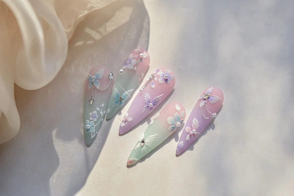 Embroidered Butterfly Flower Colourful Gradient Morning Glory Leaves Self Adhesive Nail Art Stickers Rhinestone Manicure Decals (ONLINE ORDER ONLY)