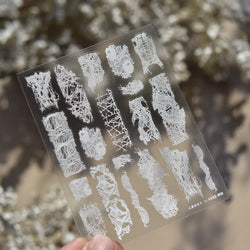 Retro White Lace Fabric Piece Bowknot English Letter Decorative Border Irregular Cloth Block Adhesive Nail Art Stickers Decals (ONLINE ORDER ONLY)