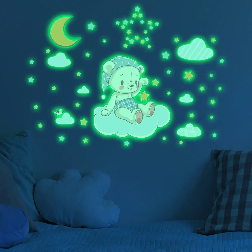 Glow in the Dark Bear Moon Cloud Wall Stickers for Kids Room Decor (ONLINE ORDER ONLY)
