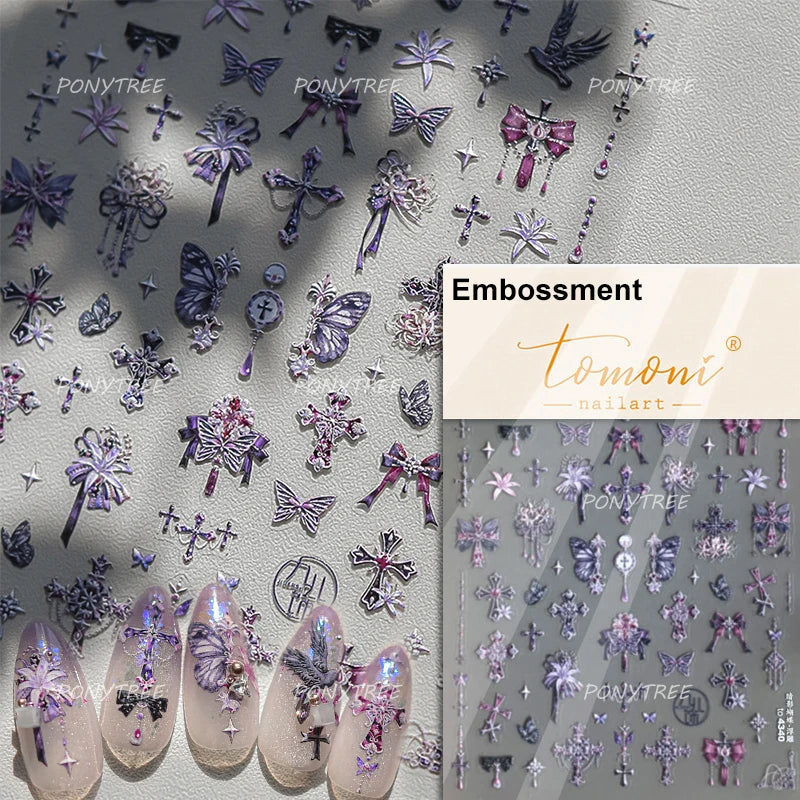 Pink Blue Yellow Embroidery Totems Geometric Floral Pattern Flower 5D Embossed Nail Art Stickers Bohemian Style Manicure Decals (ONLINE ORDER ONLY)