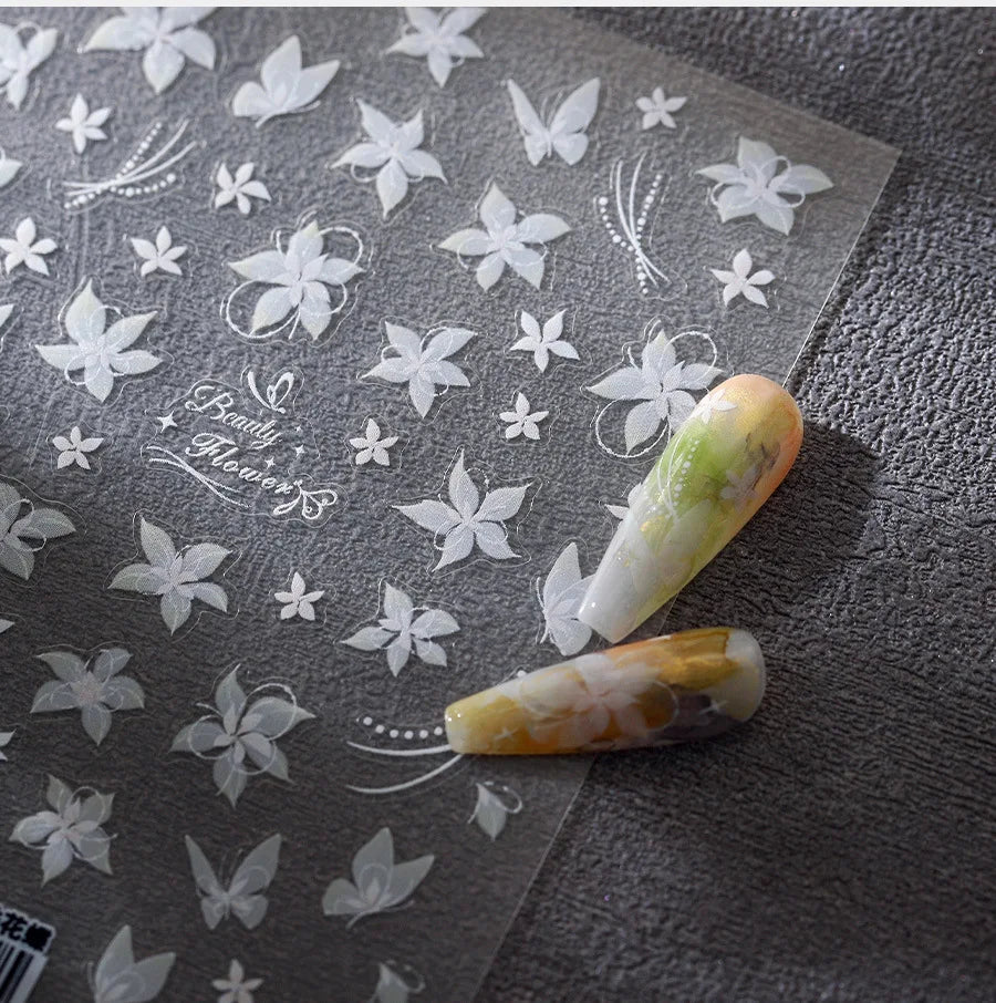 Pure White Lily Petals Flower Butterfly Branch Leaves Line Minimalist Self Adhesive Nail Art Decorations Sticker Manicure Decals (ONLINE ORDER ONLY)