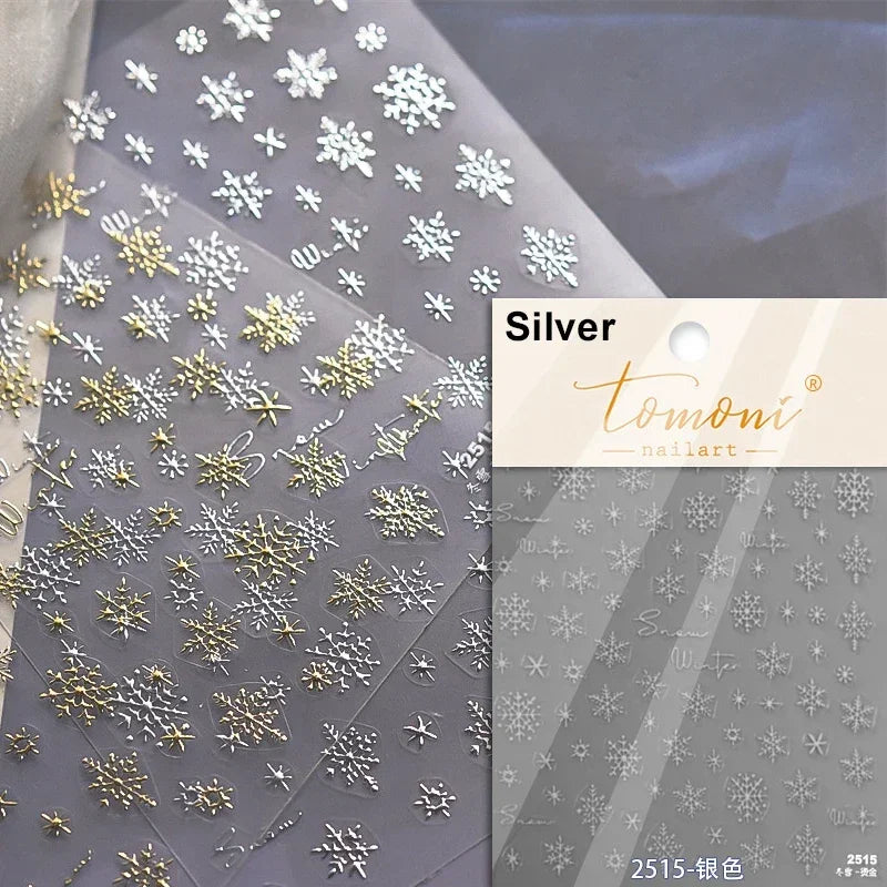 Shiny White Pink Blue Gold Snowflakes Hexagon Water Bubbles Winter 5D Self Adhesive Nail Art Stickers Rhinestone Manicure Decals (ONLINE ORDER ONLY)