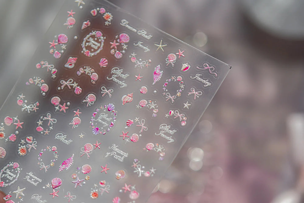 Pink Star Oceanic Shell Starfish Conch Bowknot Embossment Shiny Delicate 5D Chic Self Adhesive Nail Art Stickers Manicure Decals (Online Order Only)
