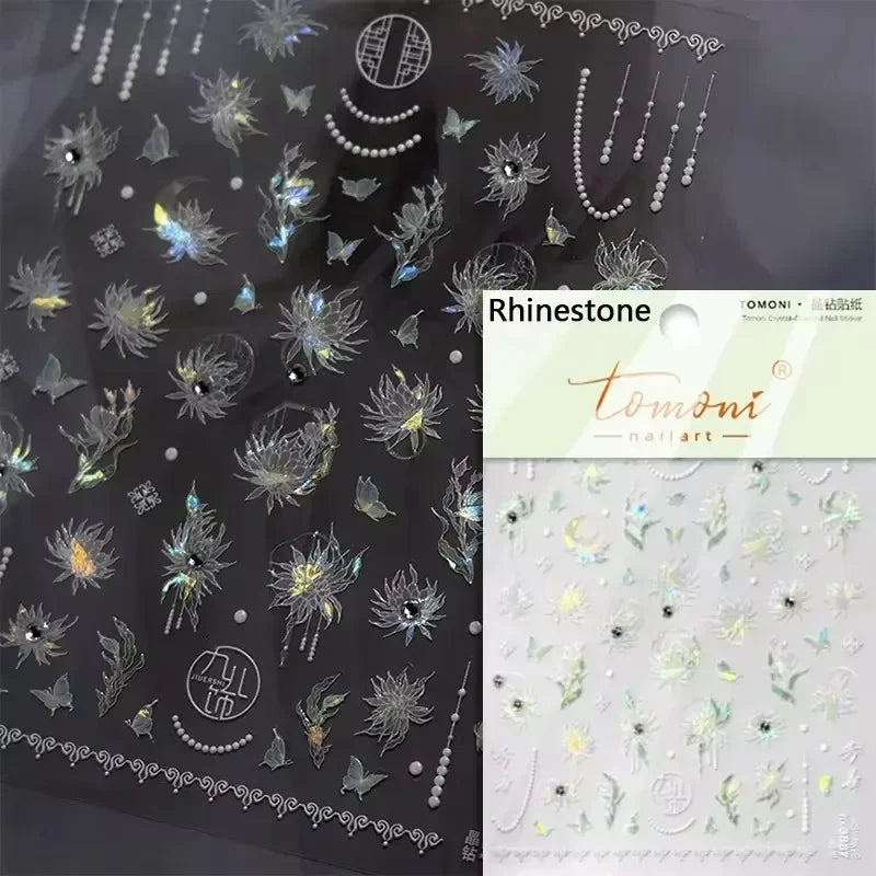 Gradient Coloredful Flower Petal Green Leaf Dreamy Shiny Chinese Rose Fantasy Relief Adhesive Nail Art Stickers Manicure Decals (Online Order Only)