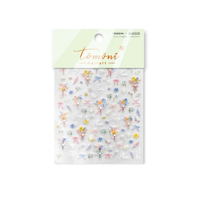 Cute Spring Flowers Purple Blue White Bowknot Rose Garden Daisy 5D Soft Embossed Relief Adhesive Nail Art Sticker Manicure Decal (ONLINE ORDER ONLY)