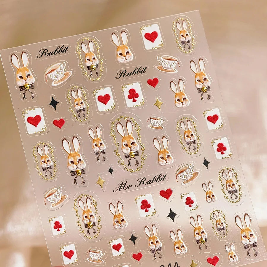 Poker Cards Mr Rabbit Tilted Teacup Bunny Cup Heart Star Block Bow Tie Hot Stamping Adhesive Nail Art Stickers Manicure Decals (ONLINE ORDER ONLY)