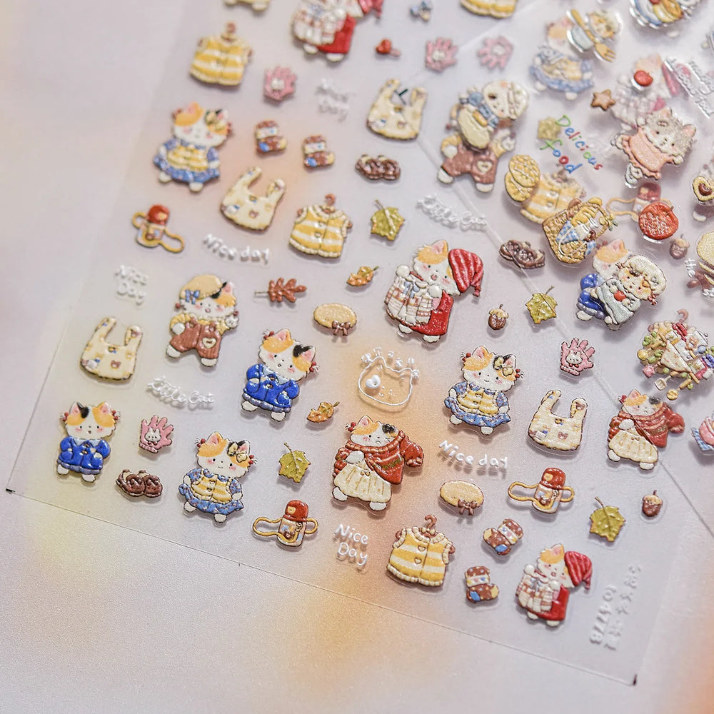 Sweater Glovesvacuum Cup Milk Fallen Leaves Kitten Adhesive Nail Art Stickers Warm Suitpinecone Kitchenware Cat Manicure Decals (ONLINE ORDER ONLY)