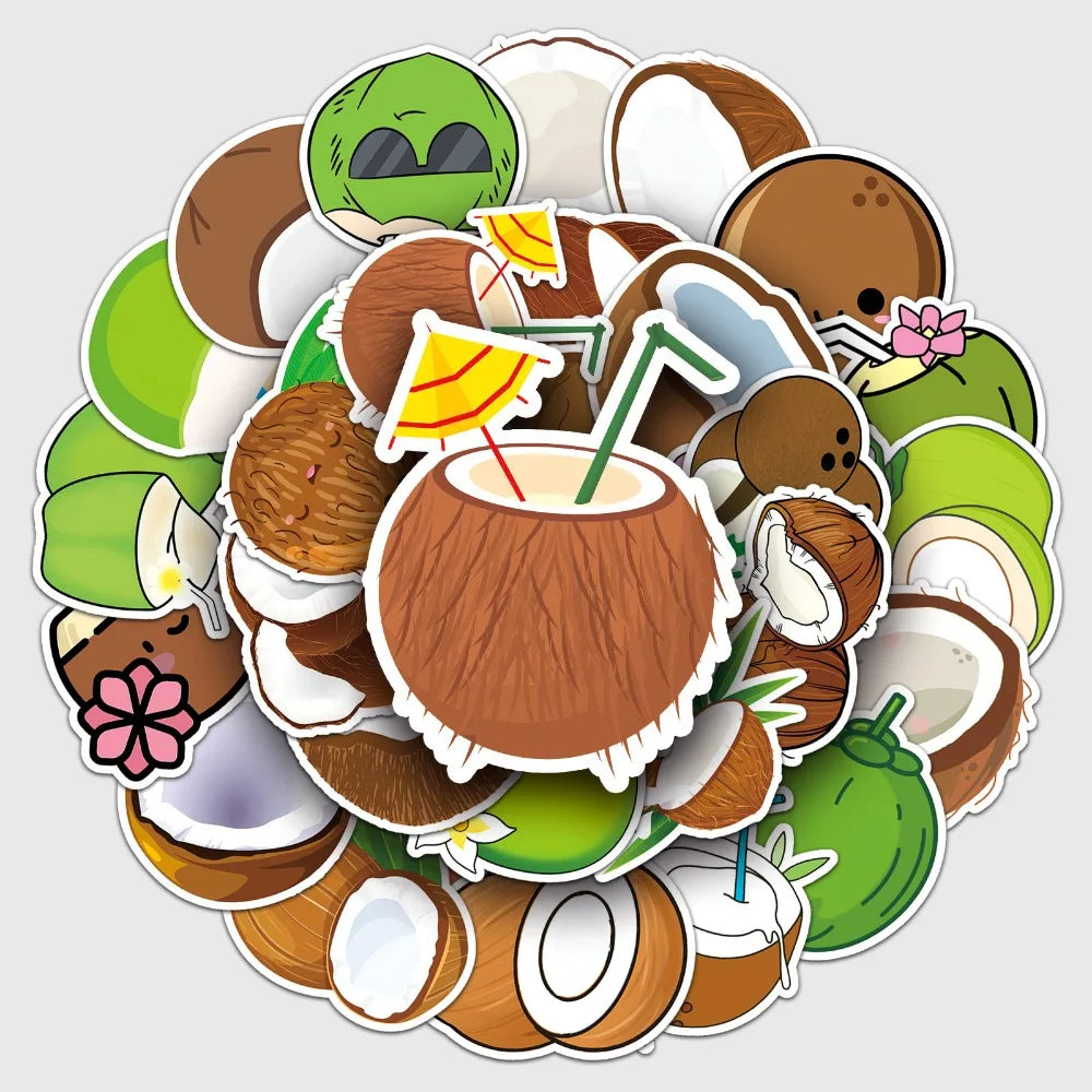 50PCS Summer Fruit Coconut Stickers for Phone Suitcase Scrapbook Scrapbooking Material Hawaii Sticker DIY Sticker (Online Order Only)