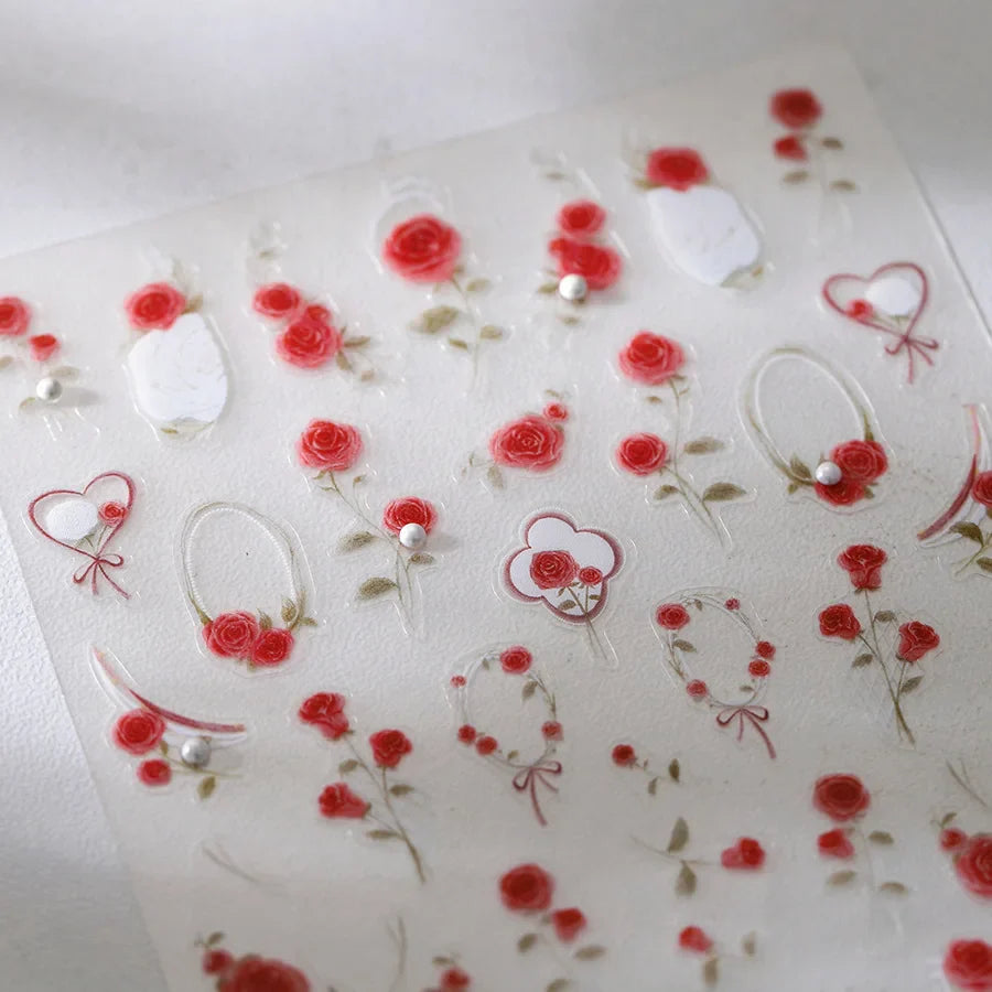 Rose Flower Bouquet Wreath Lace Green Leaves Beautiful Floret Heart Rich Adhesive Nail Art Decorations Stickers Manicure Decals (ONLINE ORDER ONLY)