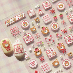 Lovely Bear Strawberry Cake Rose Flower Grid Block Bowknot Embossed Relief Self Adhesive Nail Art Sticker Cute 3D Manicure Decal (ONLINE ORDER ONLY)