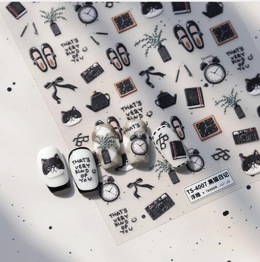 Black Cat Kitten Glasses Camera Timepiece Shoe Notebook Vase Pen Teapot Bowknot Item Adhesive Nail Art Stickers Manicure Decals (Online Order Only)