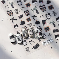 Black Cat Kitten Glasses Camera Timepiece Shoe Notebook Vase Pen Teapot Bowknot Item Adhesive Nail Art Stickers Manicure Decals (Online Order Only)