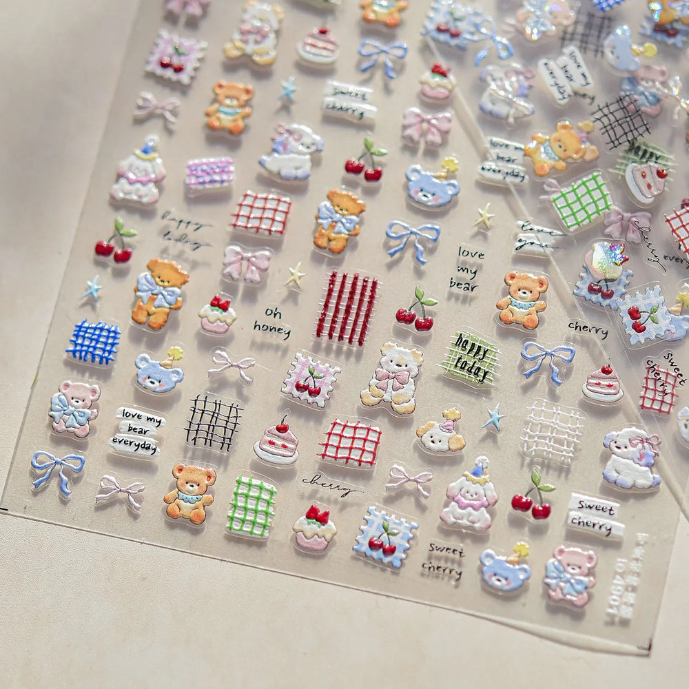Cute Animals Bear Dog Cake Sweet Cherry Grid Bowknot Star Line Fruit Relief Self Adhesive Nail Art Stickers 3D Manicure Decals (ONLINE ORDER ONLY)